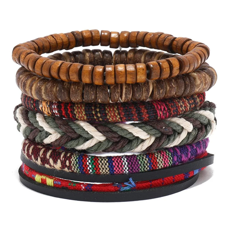 4Pcs/ Set Braided Wrap Leather Bracelets for Men Vintage Life Tree Rudder Charm Wood Beads Ethnic Tribal Wristband Rope Bracelet