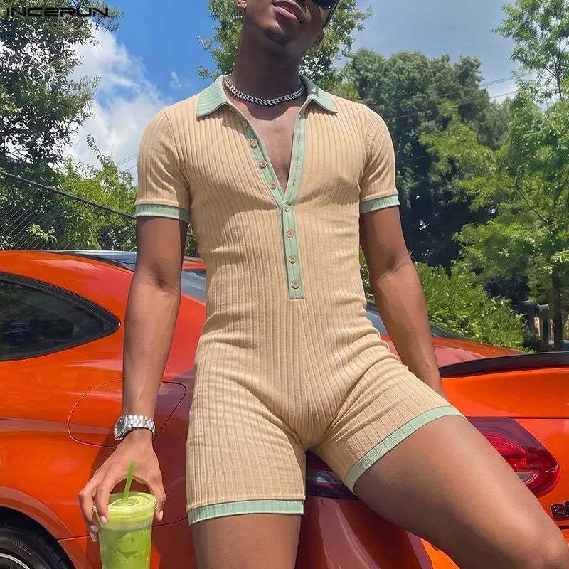 INCERUN Men's Bodysuits Patchwork Lapel Short Sleeve Button Male Rompers Playsuits Knitted Summer 2026 Casual Bodysuit For Man