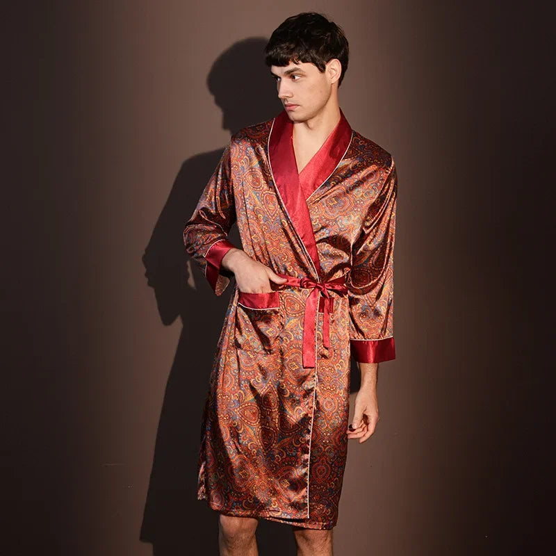 Men Summer Thin Bathrobe High Quality Nightrobes One-Piece Robe Male Loungewear Gents Spring Large Size Ice Silk Printed Pajamas