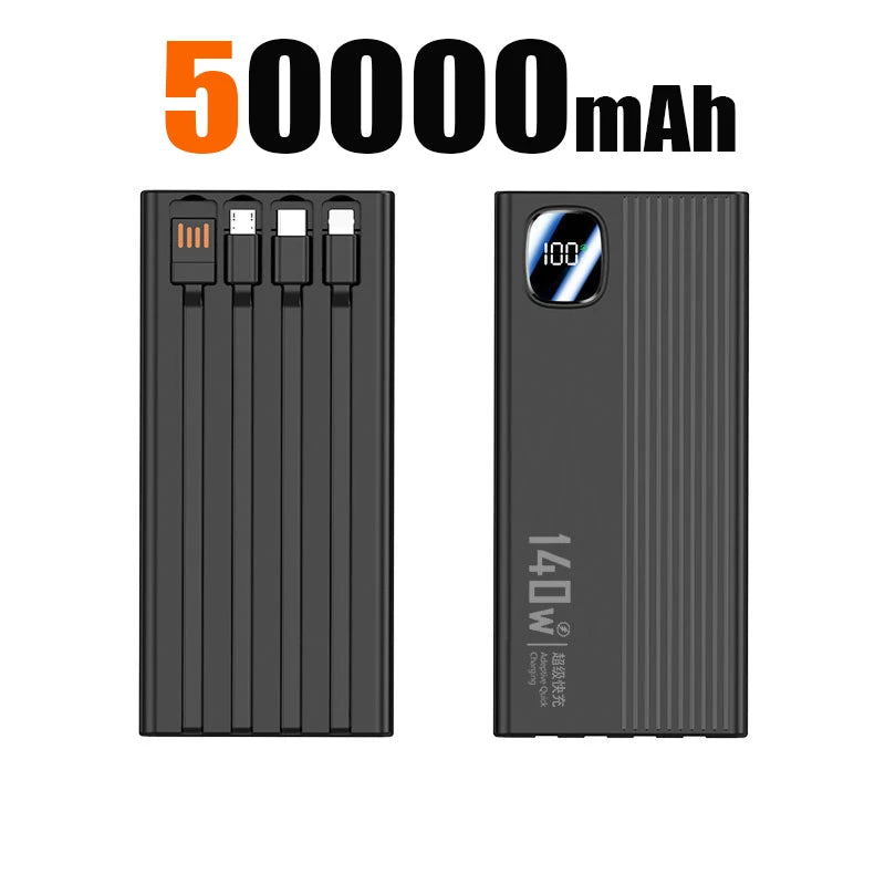 140W 200000mAh Power Bank Large Capacity 4 In1 Cables Intelligent Digital Display Light Portable Powerbank For iPhone Huawei New