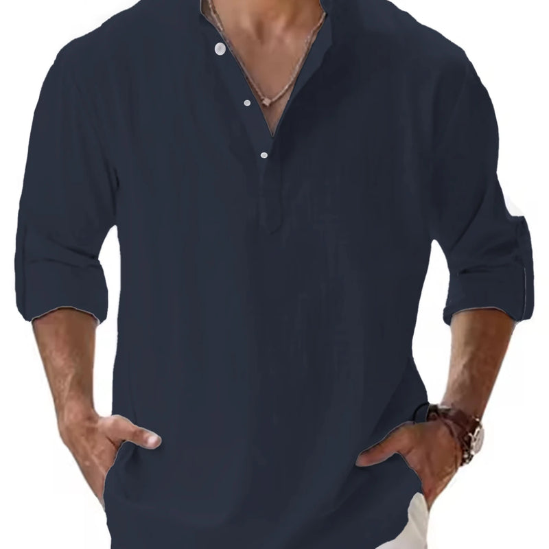Men's Cotton Linen Henley Shirt Casual Long Sleeve Loose | SAMAG