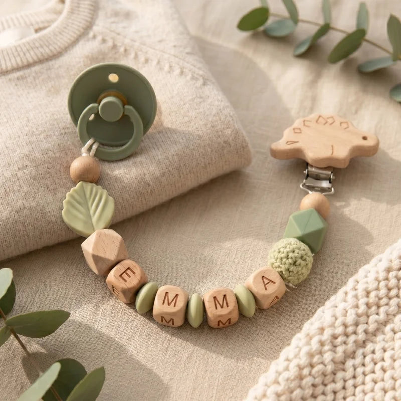 Personalized Name Pacifier Clip Silicone Wooden Dinosaur Baby Teether Holder BPA Free Custom Soother Chain Handmade Dummy Clip