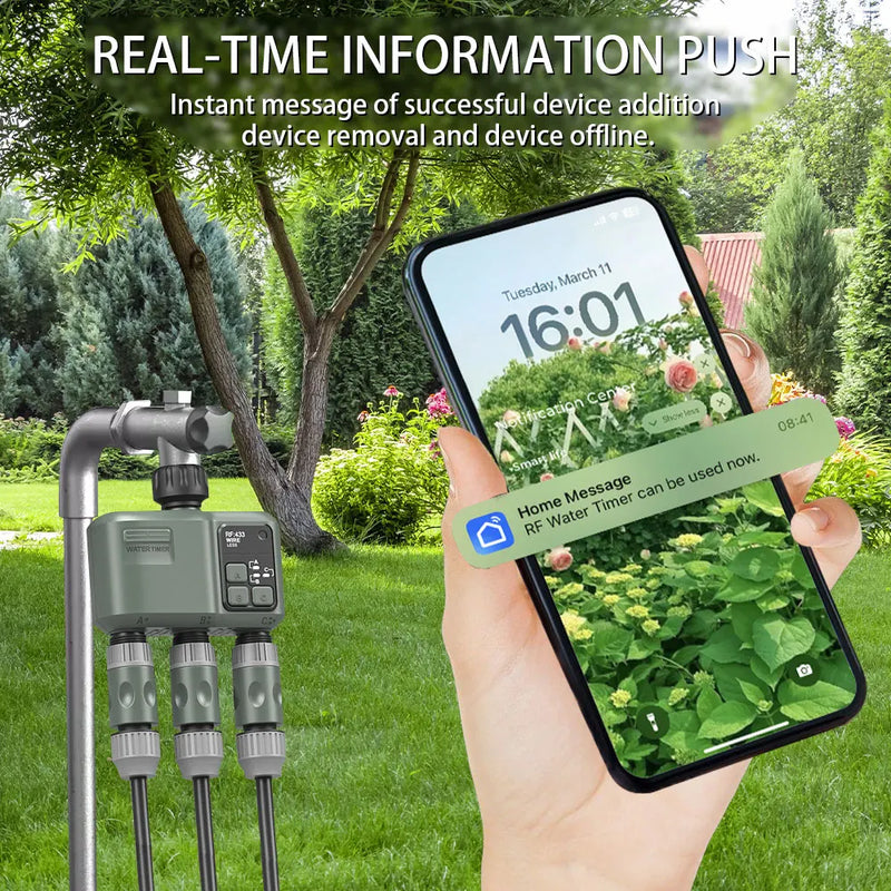 Tuya Wifi+RF433 3-outlet water timer Garden Water Timer Rain Delay Filter Programmable Automatic Irrigation Controller