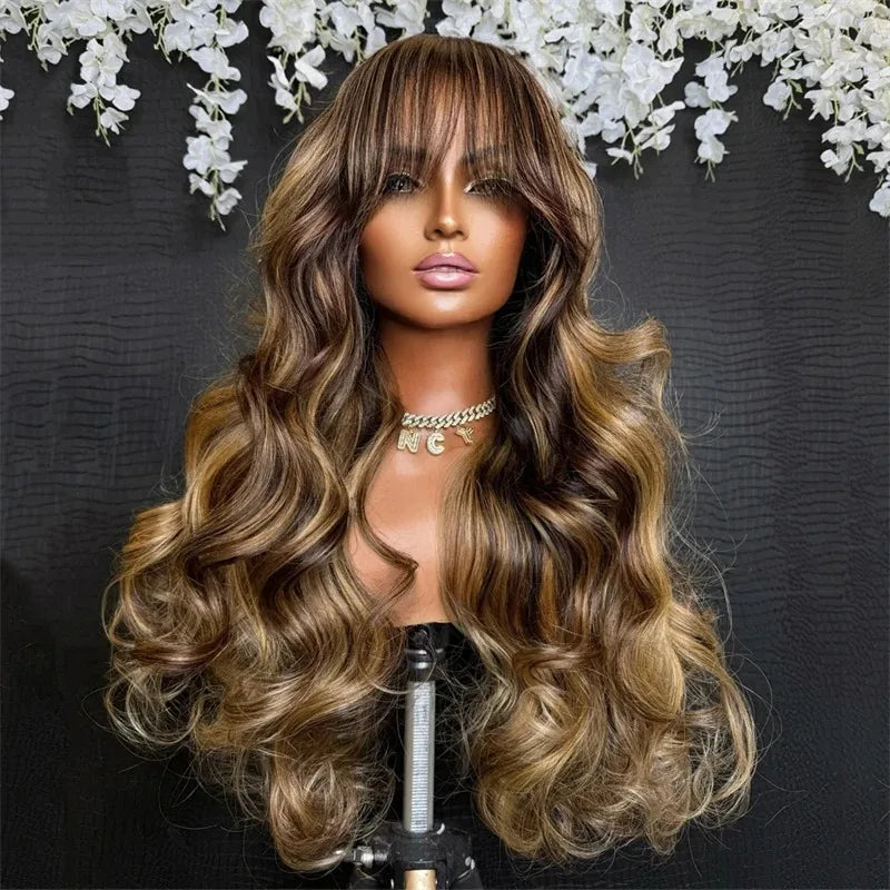 Chocolate Brown Wig Body Wave Lace Front Wig With Bangs 13x4 HD Synthetic Lace Frontal Wig for Women Glueless On Clearance Sale