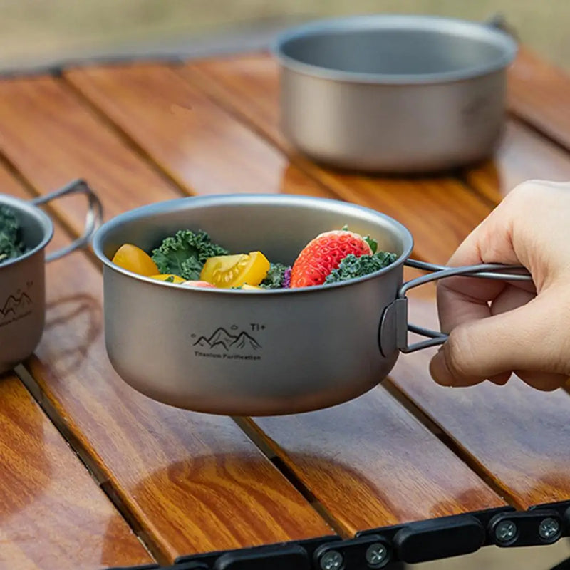 Titanium Coated Camping Pot with Foldable Handle,Lightweight Stainless Steel Outdoor Cookware Portable Hiking Cooking Bowl