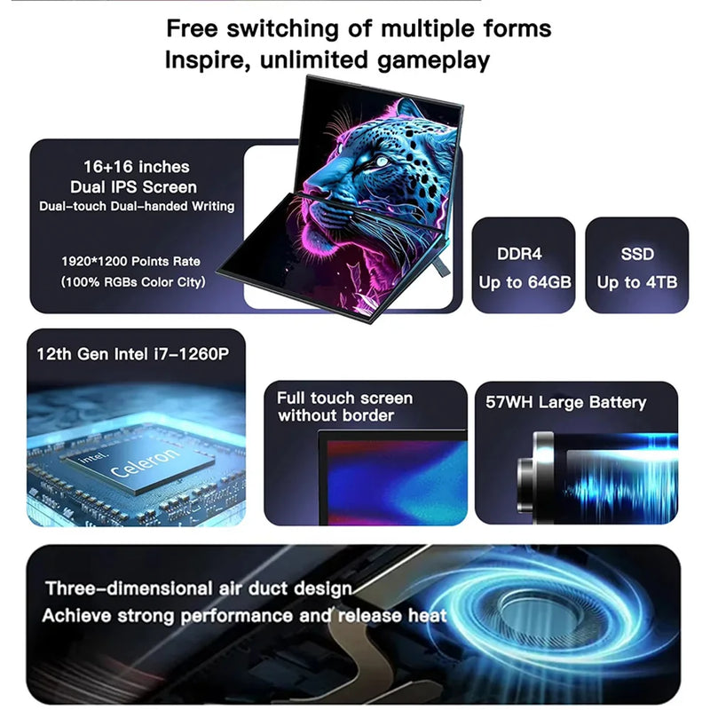 GLF-S1 Laptop 16+16 Inch Big Dual Screen Windows 11 57WH Camera Laptop Computers Intel I5-12450H Stand Gaming Laptops Mini PC
