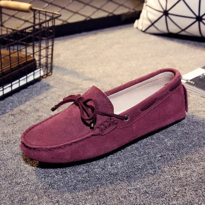 Cow leather womens shoes suede flats bow tie moccasins big size casual shoes size34-44