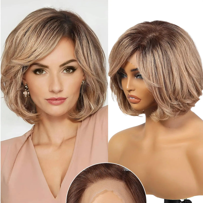 Blonde Brown Short Remy Human Hair HD Lace Front Wigs with Dark Roots Bob Natural Layered Lace Frontal Wig with Bangs for Women