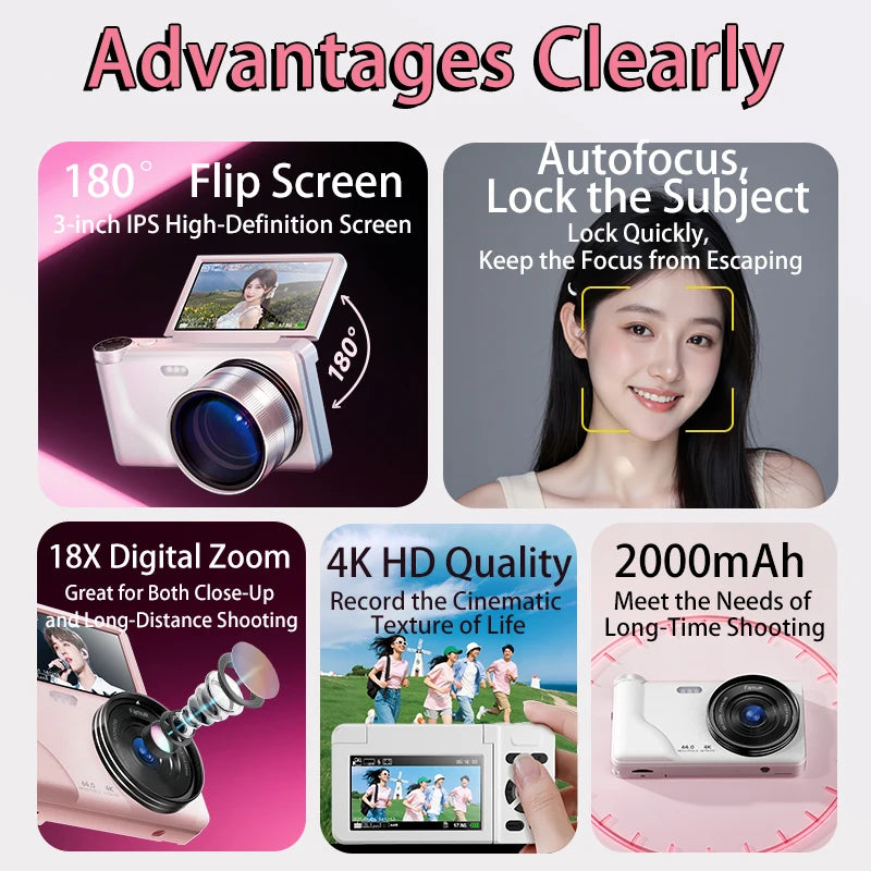 Famue FC02 Digital Camera for Students, 64MP Beauty Selfie Camera with 180° Flip Screen, 18X Zoom, 4K Video HD CCD for Vlogging