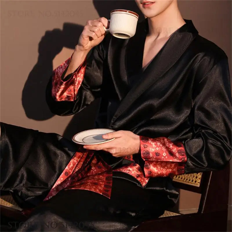 High Quality Men's Robe Pajamas Ice Silk Homewear Spring Summer New Long Sleeve Bathrobe Loungewear Loose Lingerie Sleepwear
