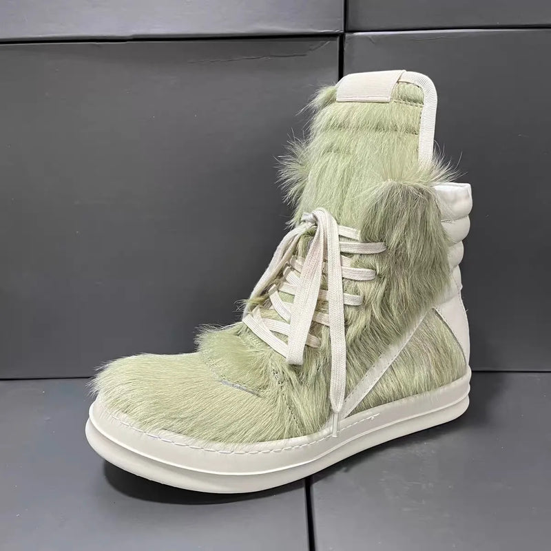 Ro Luxury Men Ankle Boot Black Horsehair Boots Women Sneaker Horse Hair High Top Shoe  Casual Shoes Zipper Sneakers