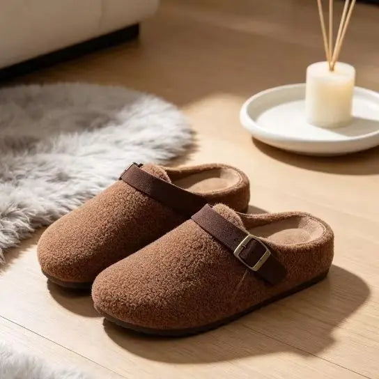 Smile Popcorn New Ladies Fluffy Sherpa Lined Clog Mules Suede Buckle Strap Non Slip Soft Warm Plush Indoor Home Slippers Women
