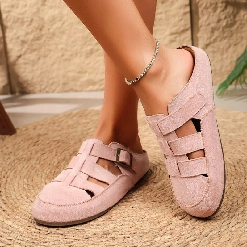 Womens Mules Round Toe Suede Look Texture Caged Cutout Flat Shoes Adjustable Buckle Strap Casual Backless Slip on Walking Clogs