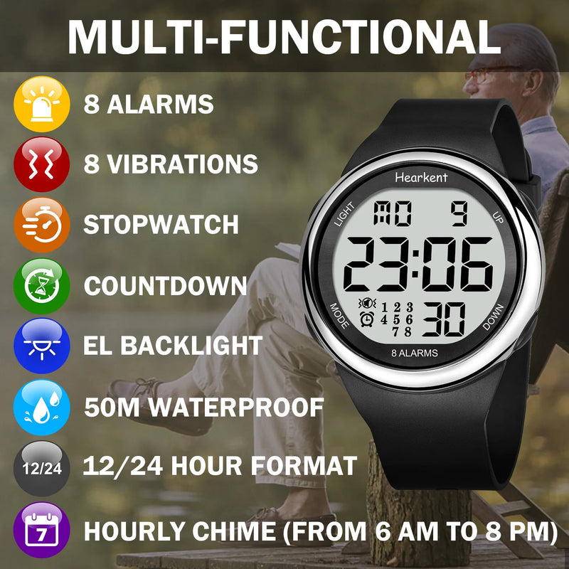 Hearkent Unisex 8 Vibrating Alarms Watch Medication Pill Clock Reminder Big Number Waterproof for Deaf - Visuel 6 | SAMAG
