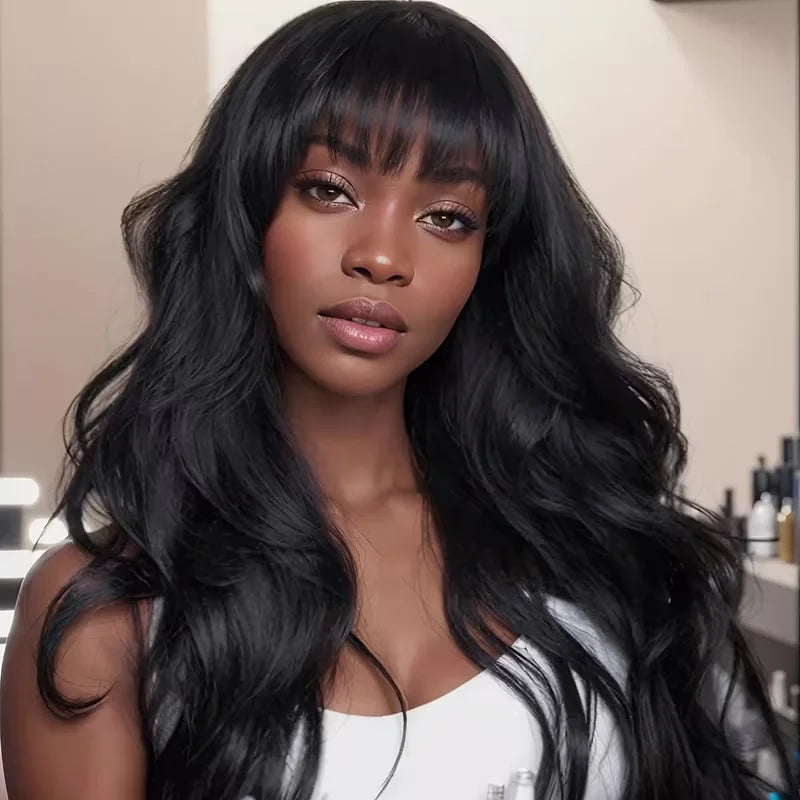 Body Wave Human Hair Wigs With Bang Full Machine Made Wigs 3x1 Middle Part Lace Wig Brazilian Bob Wig Natural Color Wig 30 Inch