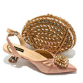 2026 Italian Peach Gold Rhinestone HAND CRAFTED UPPER Pointed Toe Women High Heels Shoes and Bag Set Elegant Party Shoes