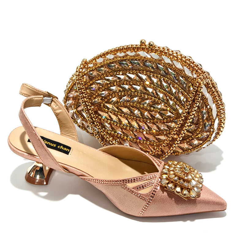 2026 Italian Peach Gold Rhinestone HAND CRAFTED UPPER Pointed Toe Women High Heels Shoes and Bag Set Elegant Party Shoes