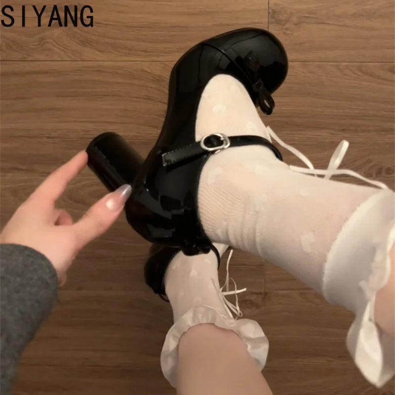 Black y2k Heels Women Mary Jane Shoes Concise Shallow Belt Buckle Shoes Spring Autumn Ladies Elegant Wedding Dancing Pumps