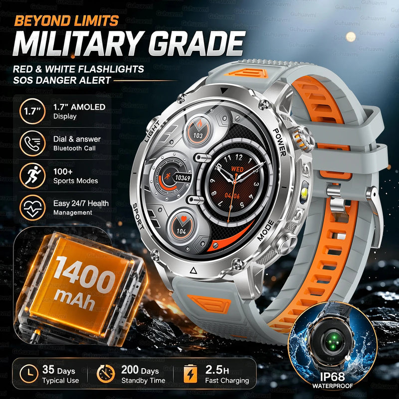 New 1400mAh Big Battery Smart Watch Men Outdoor GPS Flashlight IP68 Waterproof Bluetooth Call AMOLED Military Sports Smartwatch