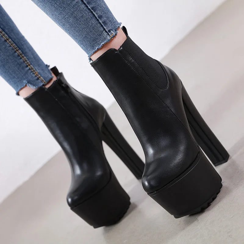 New Autumn Winter Platform High Heels Women Ankle Boots Black PU Leather Round Toe Fashion Female Thick heel Shoes Large size