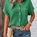 Women Casual Cotton Blouse Vintage Summer Short Sleeve Slim Shirt Elegant Turn Down Collar Solid Tunics Harajuku Streetwear Tops