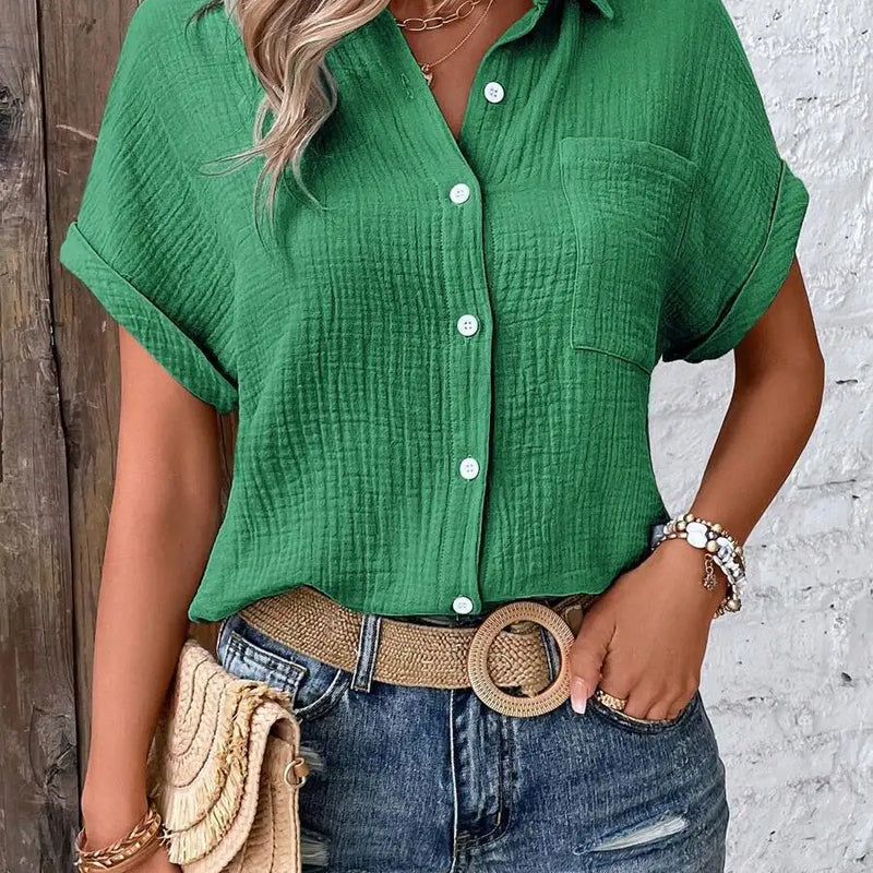 Women Casual Cotton Blouse Vintage Summer Short Sleeve Slim Shirt Elegant Turn Down Collar Solid Tunics Harajuku Streetwear Tops