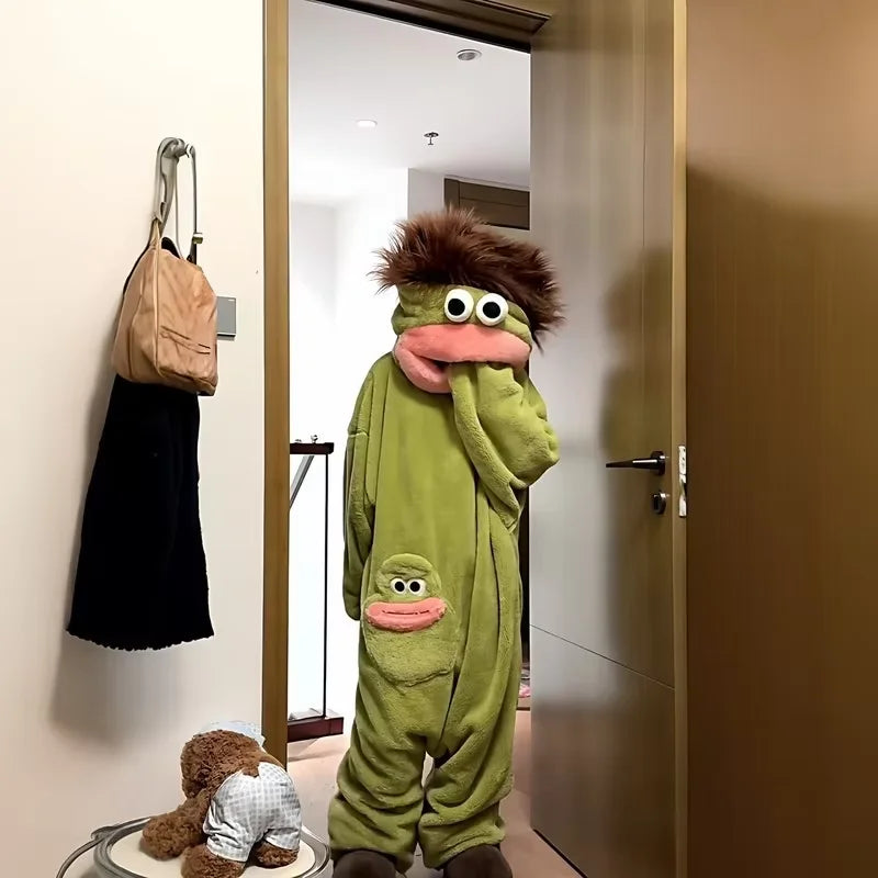 Autumn Winter Big Mouth Monster Cartoon One Piece Pajamas Thick Coral Fleece Warm Soft Casual Couple Home Loungewear In Stock