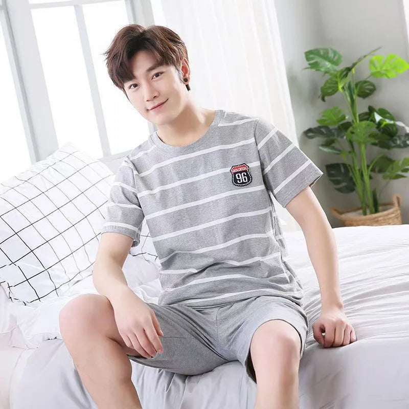 Men's Summer Pyjamas Set: Short-Sleeved Top and Shorts Youthful Student Style with Cartoon Stripes Summer Homewear Ensemble