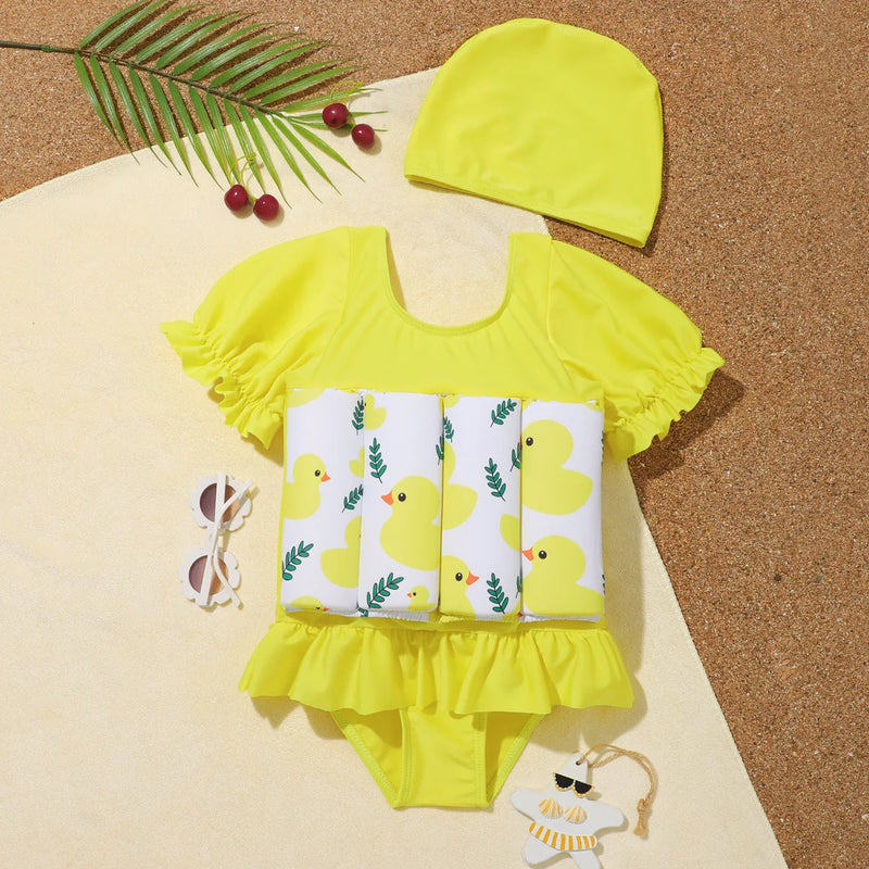 Children's Buoyancy Swimsuit Cartoon Print Swimwear Kid One-Piece Floating Rash Guards Bathing Clothes Boys Girls Swimming Suits