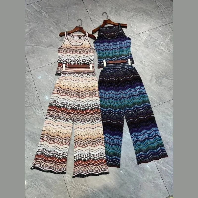 Bohemian Striped Knitted Pants Set for Women 2026 Summer New Color-Block Camisole Short Top+Slim Fit Straight Pants 2-Piece Set