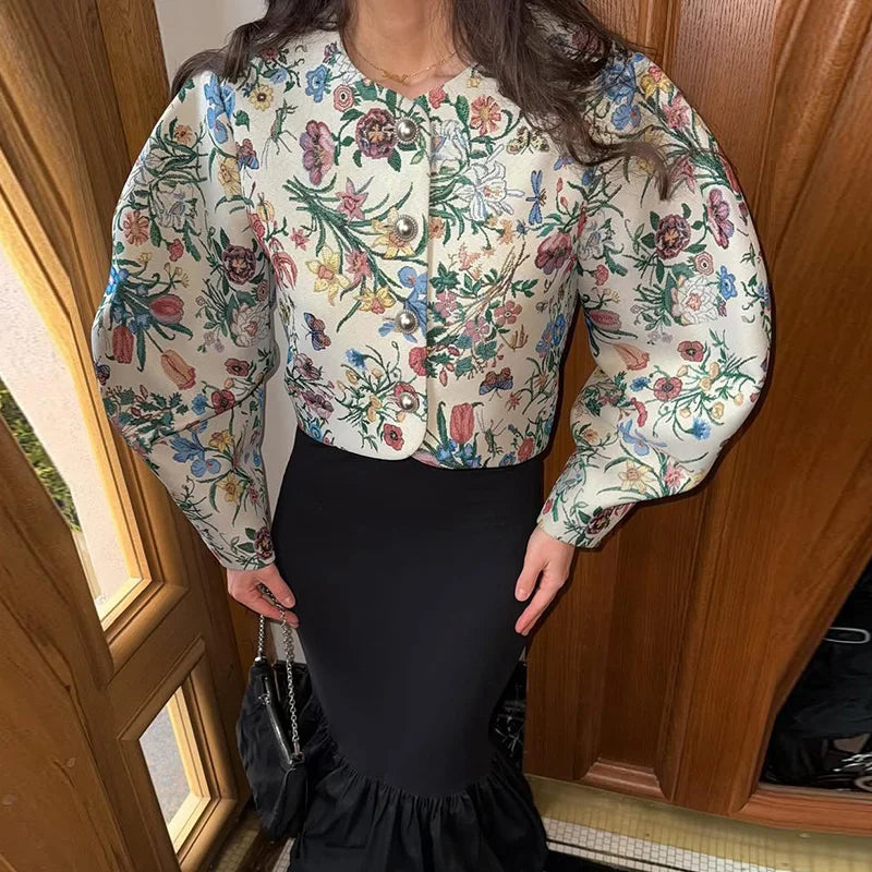 Casual Print Mini Skirts Sets Women O Neck Long Sleeves Single Breasted High Waist Loose Suits Female 2026 Autumn New Chic Set
