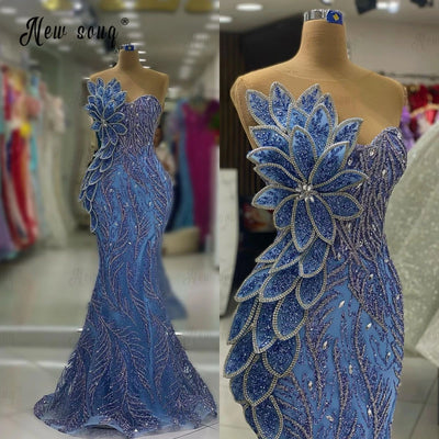 Blue Long 5D Leaf Wedding Party Dress Mermaid Formal Prom | SAMAG