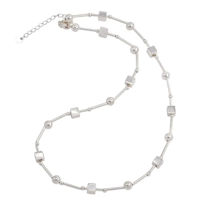 VENTFILLE 925 Sterling Silver Bead Geometry Necklace for Women Girl Korean Design Versatile Choker Jewelry - Visuel 6 | SAMAG