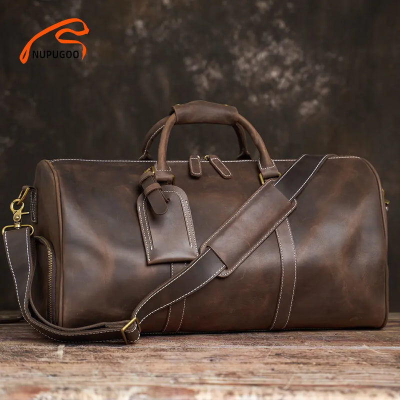 Vintage Men's Travel Bag Genuine Leather Hand Luggage Boston Bag Duffle Large Capacity Shoulder For 16 Inch Laptop NUPUGOO