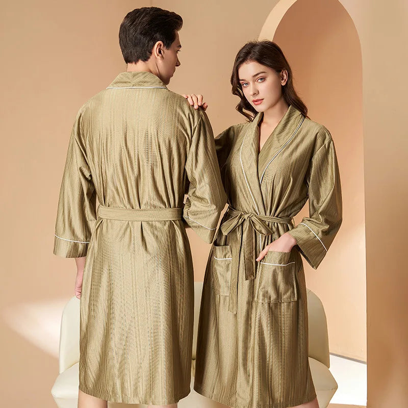 New Stripe Couple Bathrobe Cool Thin Spring Autumn Mid-Length Water Absorbent Loungewear Robe Men Women Luxury Home Nightgown