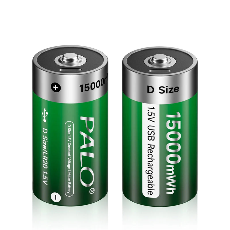 PALO 1-6PCS 1.5V D Size 15000mWh Lithium Rechargeable Battery D Type USB Li-ion Batteries LR20 Battery with Type C USB Cable