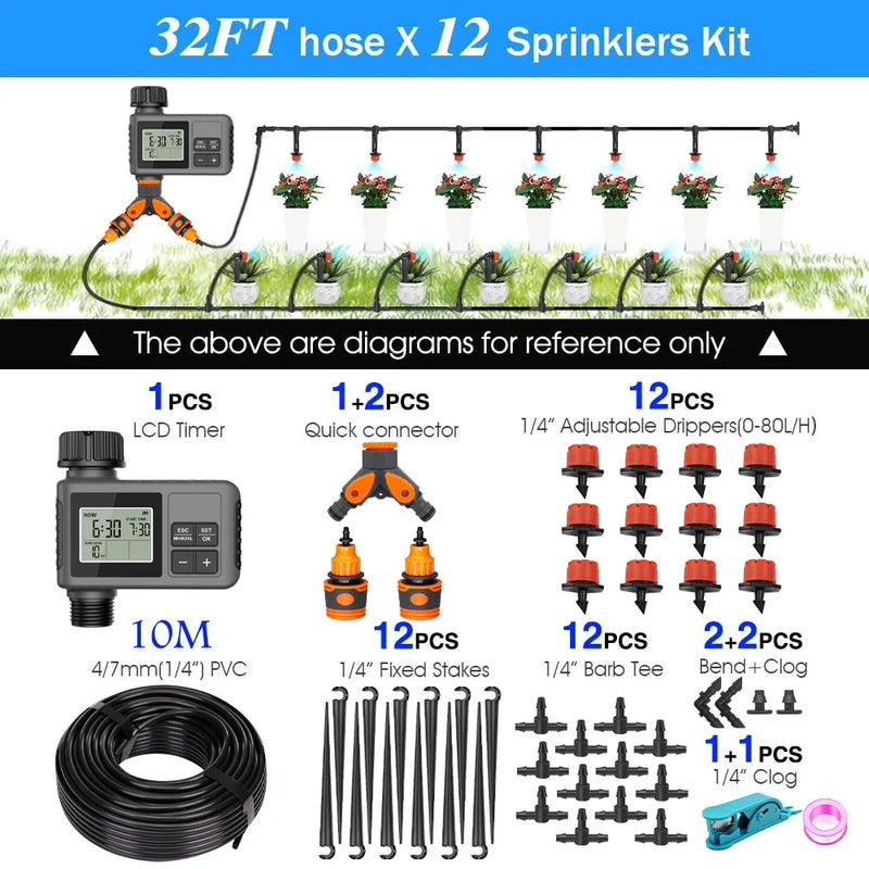 30-5m Garden LCD Button Timer Irrigation Set 0-80L/H Rotating Adjustable Nozzle Intelligent Display Automatic Watering System