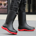 Men's Rain Boots Long Tube Water Shoes Non-slip Waterproof Safety Work Shoes Black Red High-Top Fishing Boots With Cotton Socks
