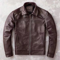 Men Genuine Top Layer Cowhide Leather Jacket Slim Fit Lapel Dark Brown Casual Business Coat Plus Size Real Leather