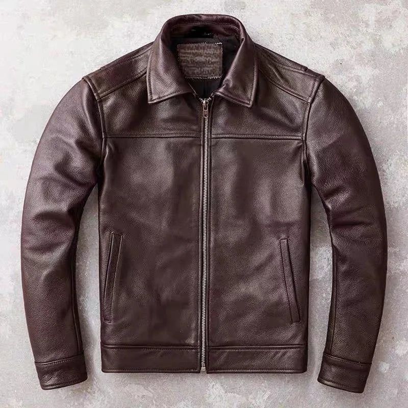 Men Genuine Top Layer Cowhide Leather Jacket Slim Fit Lapel Dark Brown Casual Business Coat Plus Size Real Leather