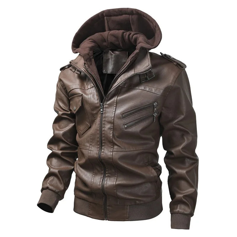 Men's Youth Hooded PU Leather Fashion Locomotive Casual Jacket Large Size Hat Removable