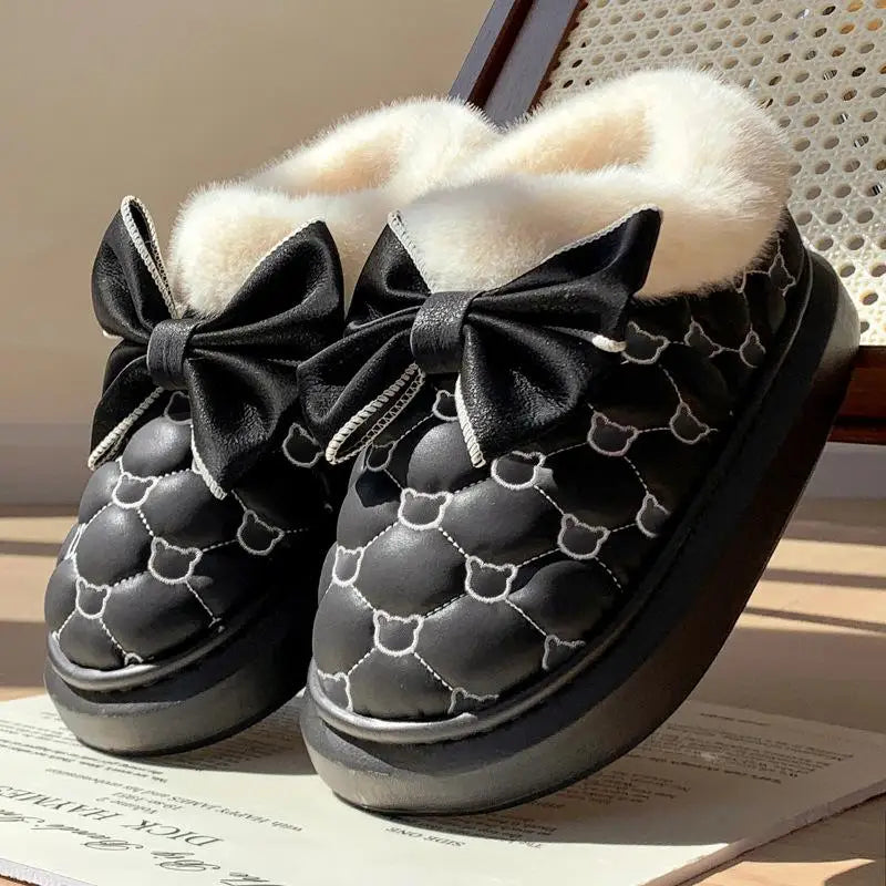Platform Ankle Boots Female Bowknot Luxury Designer Indoor Fluffy Women's Slippers Trend Winter Snow Booties Flat Plush Footwear
