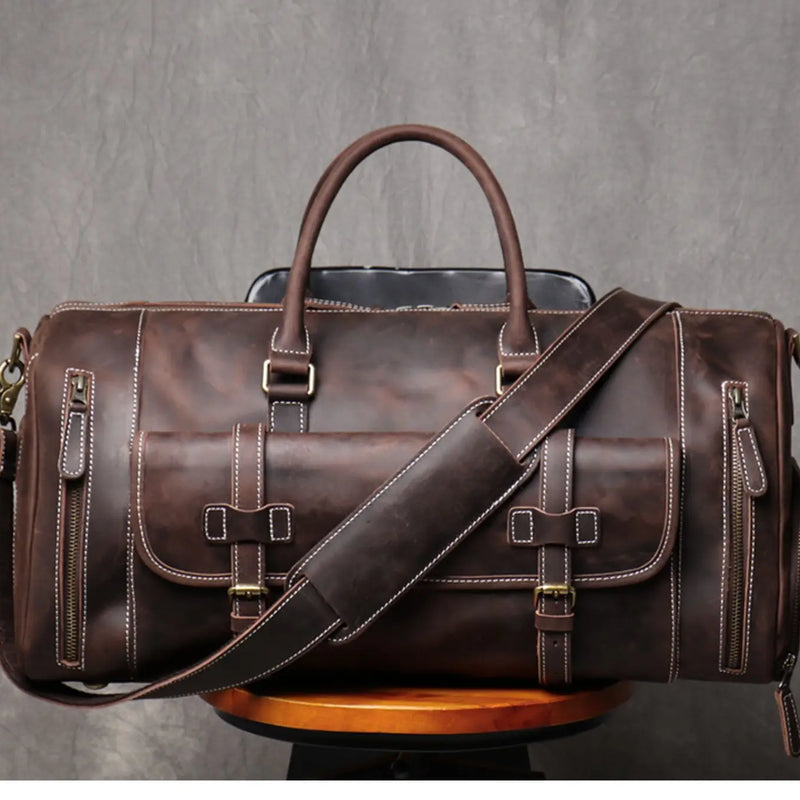 MUNUKI Vintage Crazy Horse Genuine Leather Travel bag  Large Luggage bag men Leather duffle bag Large Weekend Bag Tote Big