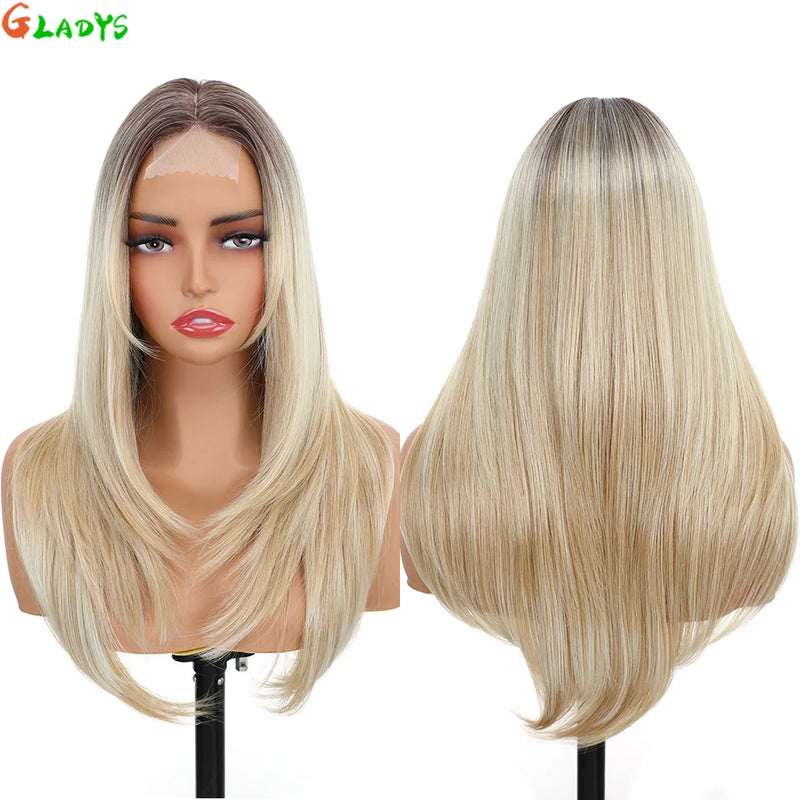 210g/pcs 180% Density Lace Wig 6-24-613 Color Middle Part Glueless Lace Wigs 24 Inch Ombre Blonde Synthetic Hair Daily Use Wigs