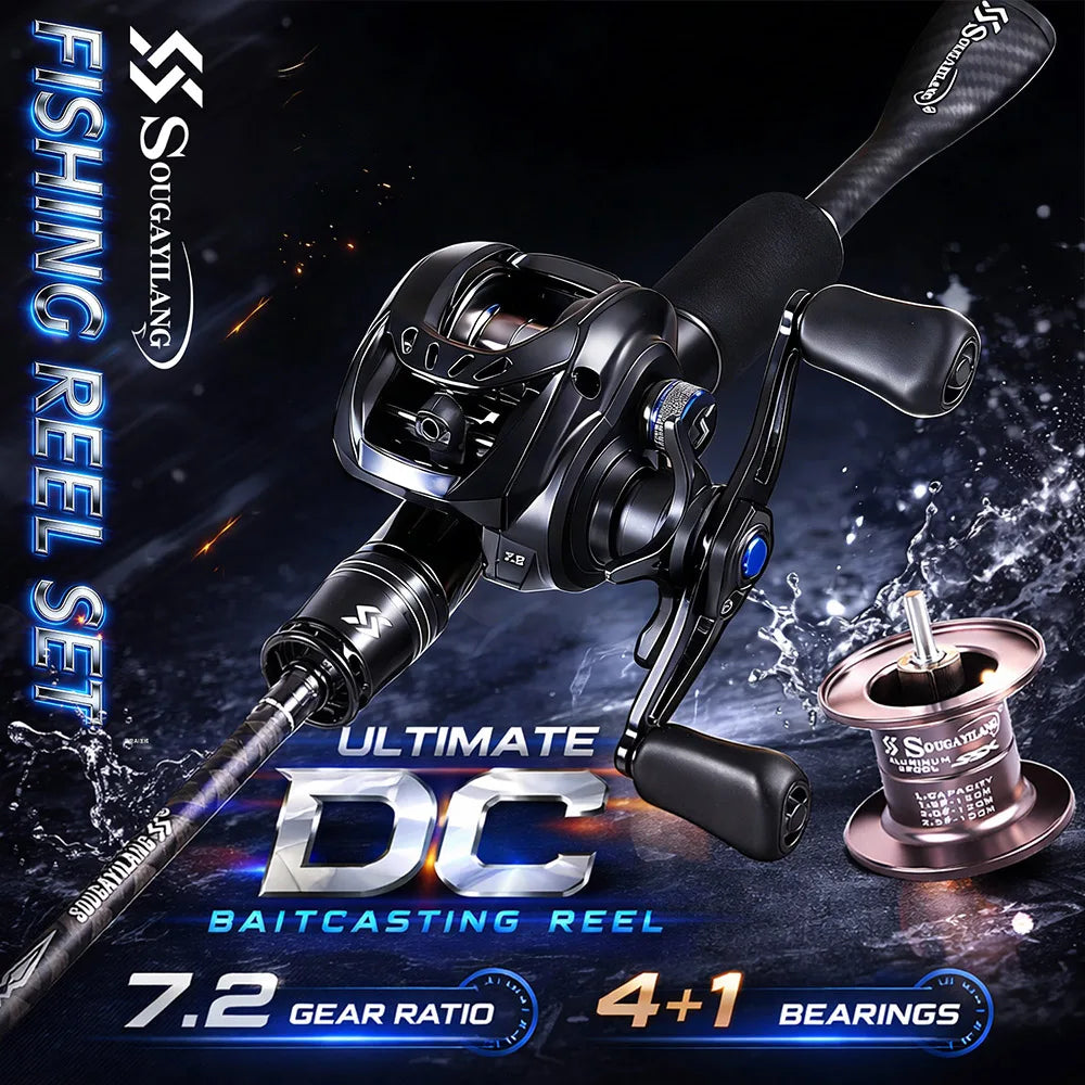 Sougayilang DC Baitcasting Reel & Carbon Fishing Rod Combo 7.2:1 Gear Ratio Ultralight Baitcaster Set for Bass Micro Fishing