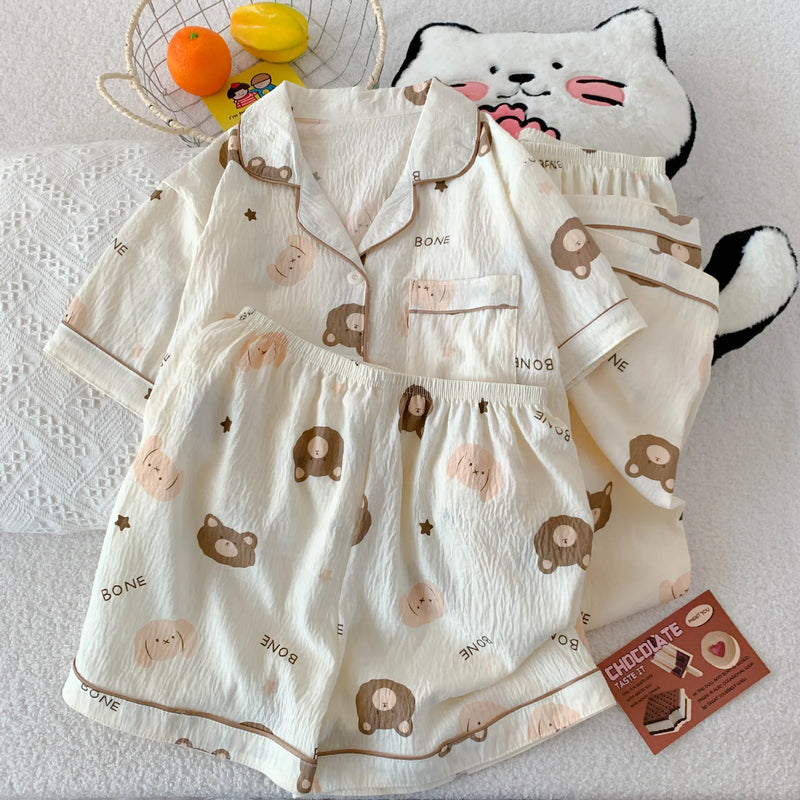 Cartoon Hello Kitty Summer Cardigan Lapel Women's Pajama Set Cloud Cotton Cute Printed Casual Loungewear Three-piece Set
