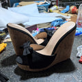 SHOFOO Women's Fashion High-Heeled Slippers Suede Bow Design Black/White 12cm Heel Height Comfortable Slip-On Shoes Wedges shoes
