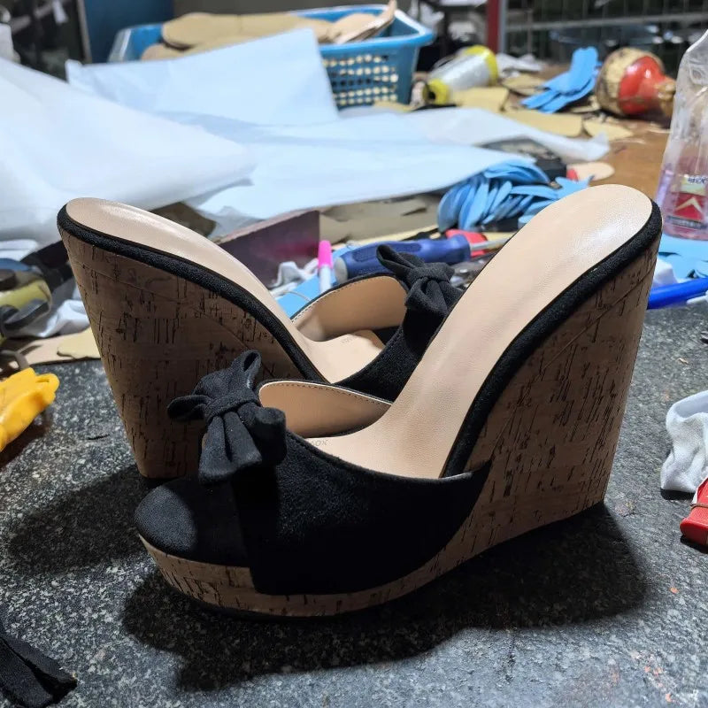SHOFOO Women's Fashion High-Heeled Slippers Suede Bow Design Black/White 12cm Heel Height Comfortable Slip-On Shoes Wedges shoes
