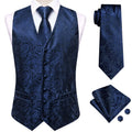 Hi-Tie Navy Blue Mens Vest Formal Paisley Waistcoat Jacket Tie Handkerchief Cufflinks Set For Male Dress Suit Wedding Party