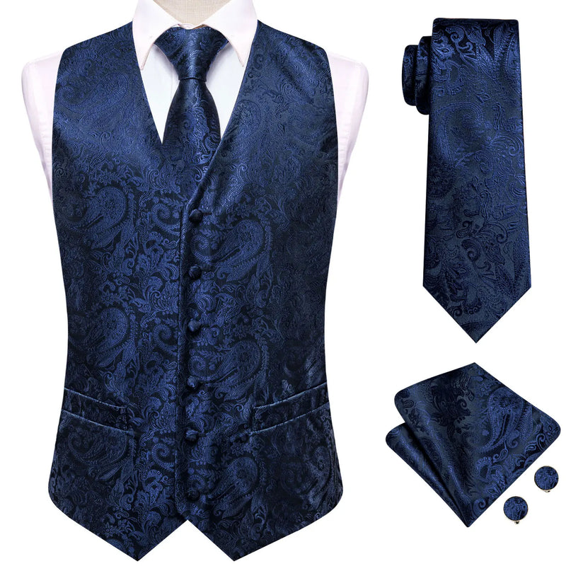 Hi-Tie Navy Blue Mens Vest Formal Paisley Waistcoat Jacket Tie Handkerchief Cufflinks Set For Male Dress Suit Wedding Party